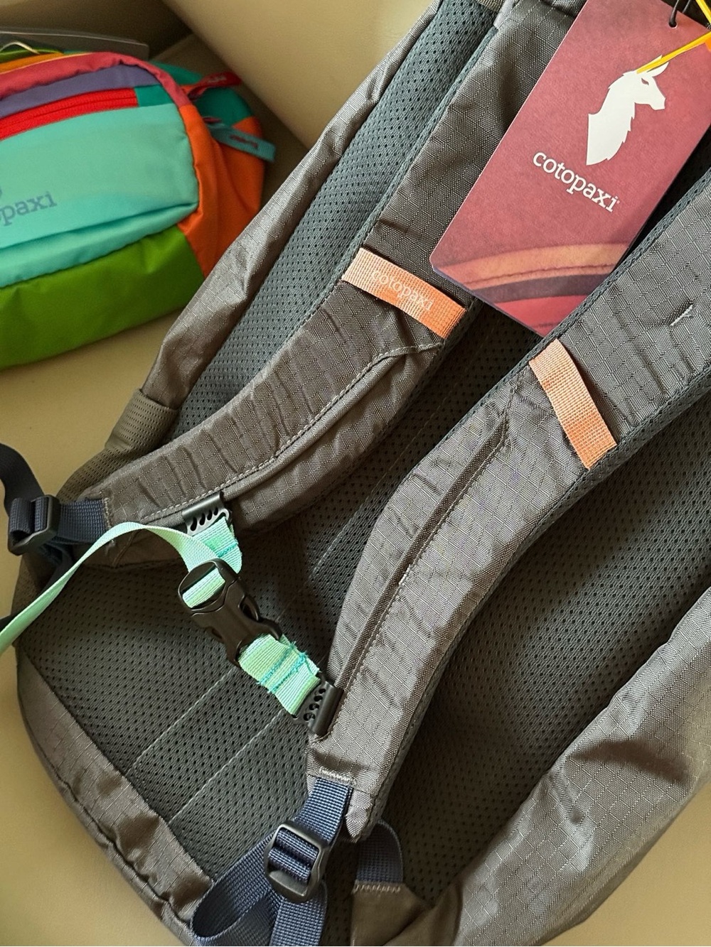 cotopaxi gray backpack with purple, yellow, mint and orange trim - Picture 5 of 6